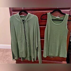 Green Women's Hooded Cardigan and Tank Top Set